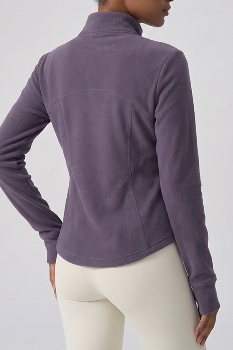 Women's Winter Fleece Stand Collar Finger Cuff Zip Up Jacket