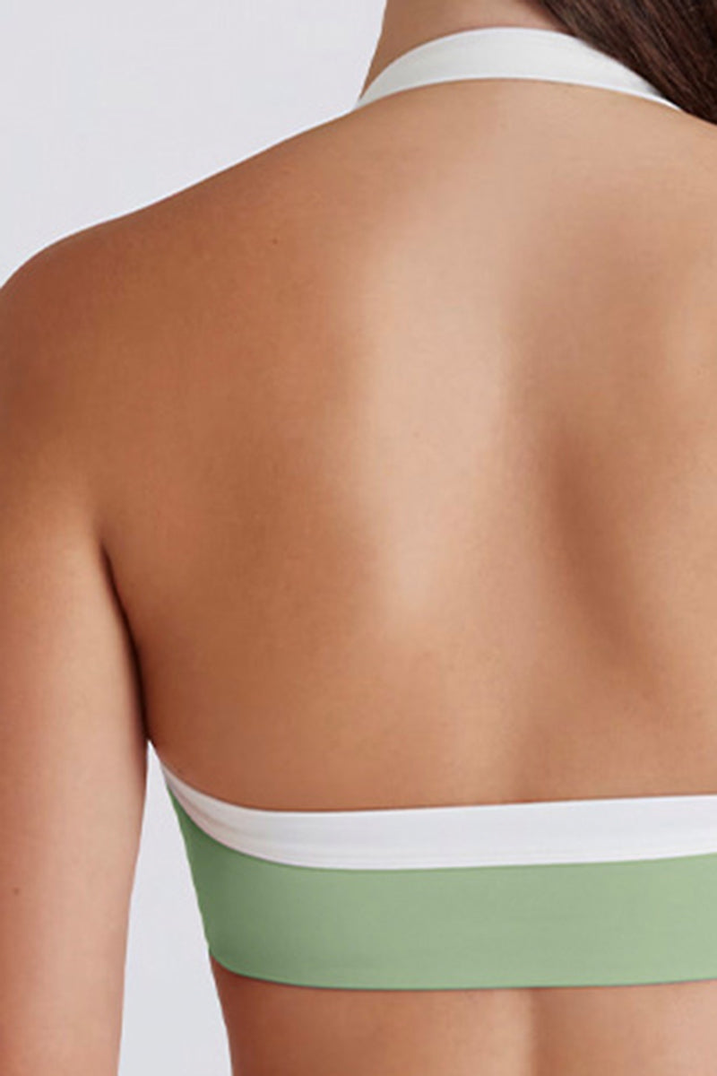 Women's Halter Twist Color-Block Sports Bra & Shorts Set