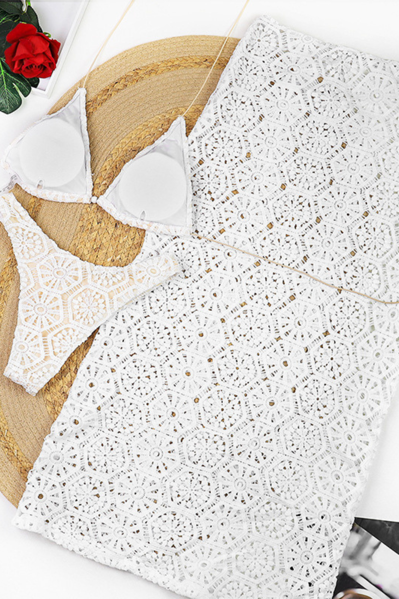 Women's Sexy Halter Cross Lace Skirt Bikini Set - 3pcs