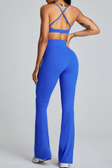 Women's Athletic Set:U-neck Cross Back Bra And Flare Pants