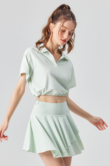 Women's Tennis Sets:Polo Collar Cropped Tee & Skirt