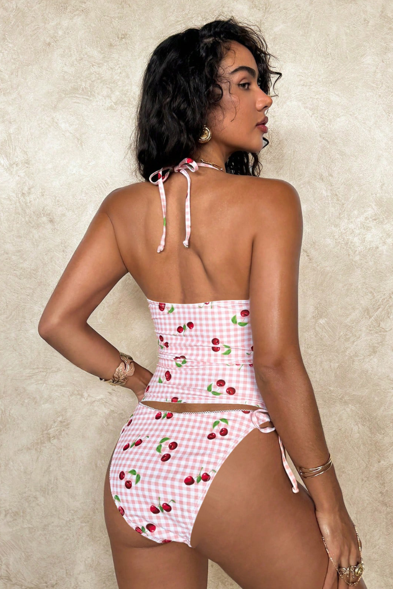 Women's Summer  Gingham Cherry Print Halter Sweet Bikini Set