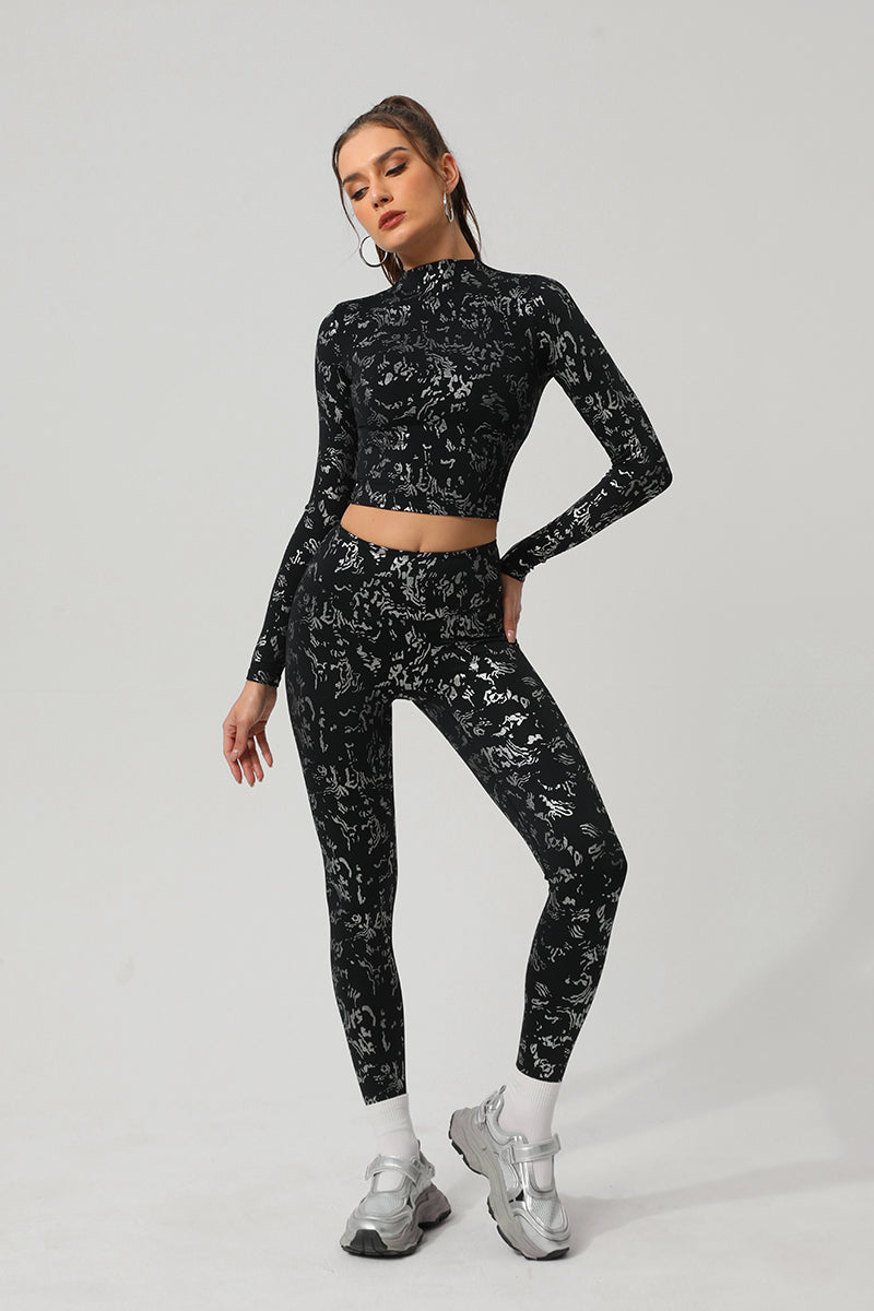 Women Gold Foil Fabric Sports Long Sleeves + Yoga Sports Leggings