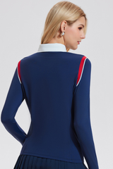 Women's Athletic Color Block Polo Collar Long-Sleeved Top