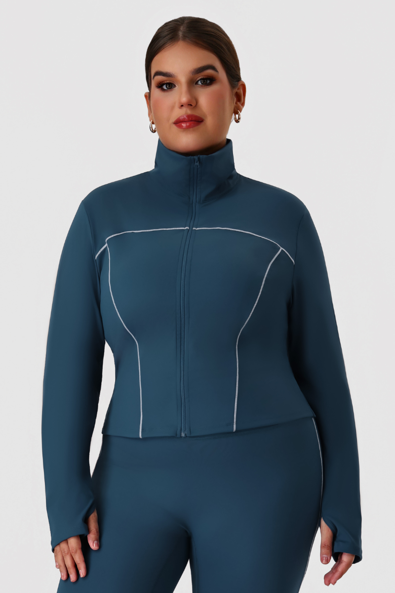 Plus Size Women's Stand-Collar Color-Block Line Yoga Jacket