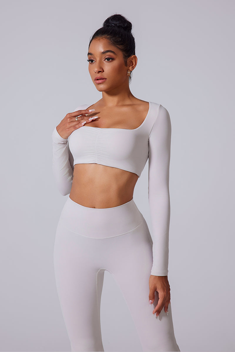 Women'S Ruched Square Neck Waistless Athletic Long Sleeve