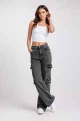 Women's High Waist Cargo Straight Jeans