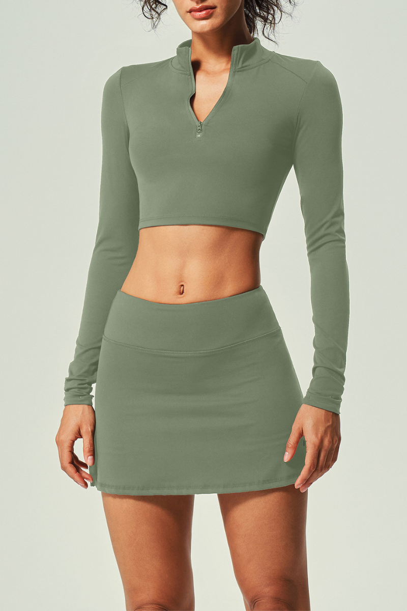 Women's Sports Set:Stand Collar Long Sleeves Top And Skirt