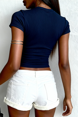 Women's slim round neck solid color short sleeves
