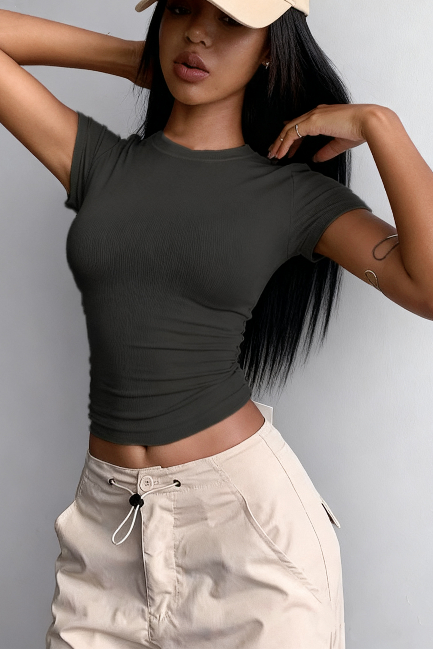 Women's slim round neck solid color short sleeves