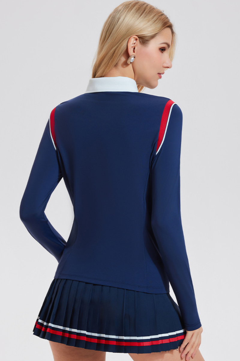 Women's Color-Block Set:Polo Collar Top & Pleat Mini Skirt