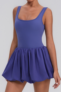 Women's Square Neck Bubble Hem  Inner ShortTennis Mini Dress