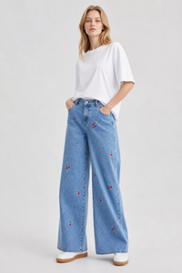 Women's High Waist Cherry Embroidered Wide Leg Jeans