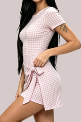 Women's Round-Neck Checkered Mini Dress With Waist Bow Tie