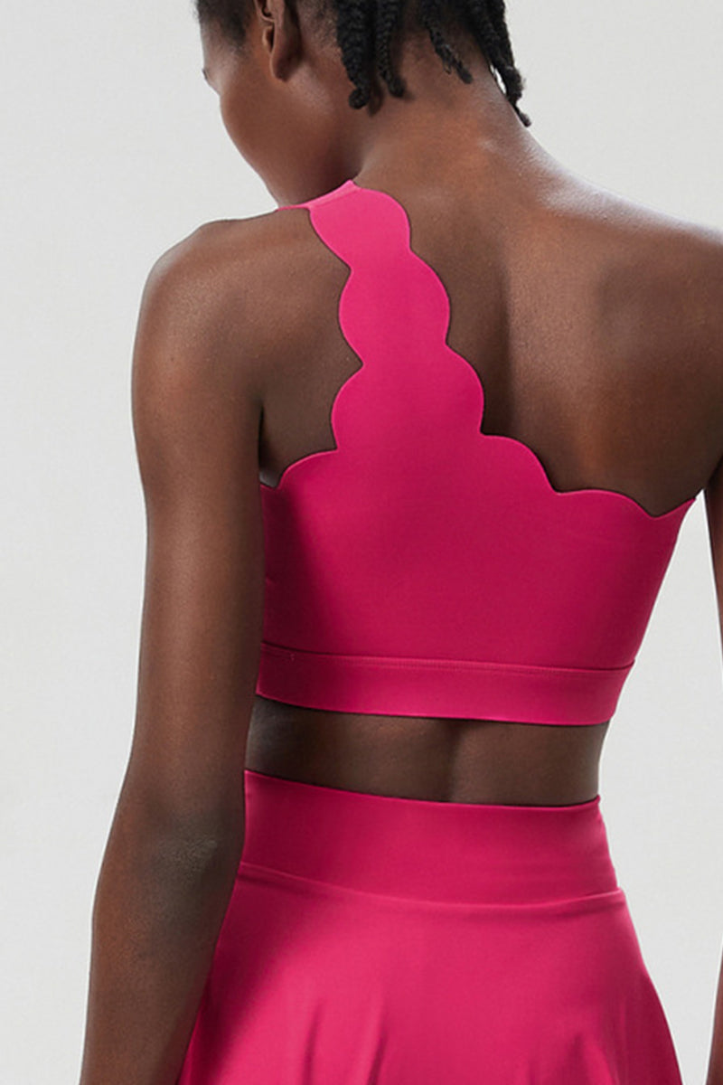 Women Wave Scoop-Neck Seamless Plus Size Tennis Set - Quick-Dry One-Shoulder Bra & Ruffle Hem Skirt
