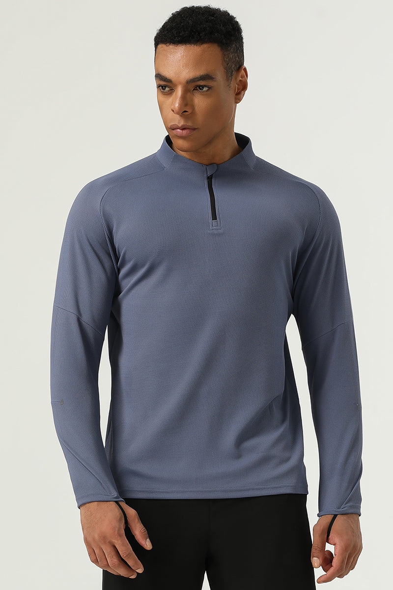Men's Half Zip Stand Neck Thumb Band Fitness Training Long Sleeve T-Shirt