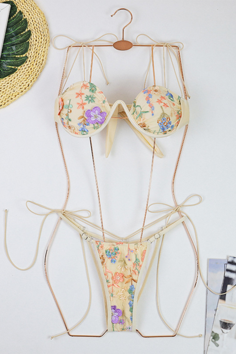 Women's Sexy Embroidered Push Up Wire Triangle Bikini - 3pcs