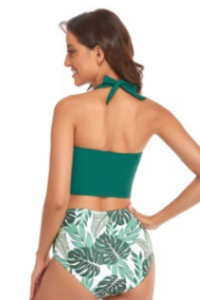 Women's Halterneck V-neck Pleated Drawstring Floral Bikini