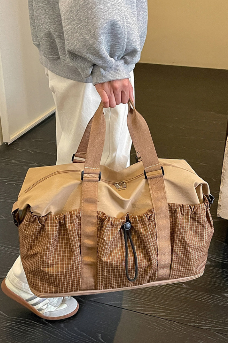 Plaid Drawstring Pocket Expandable Travel Duffle Bag