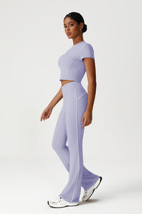 Women Seamless High Waisted Flared Yoga Set: Cropped T-Shirt + Flared Leggings