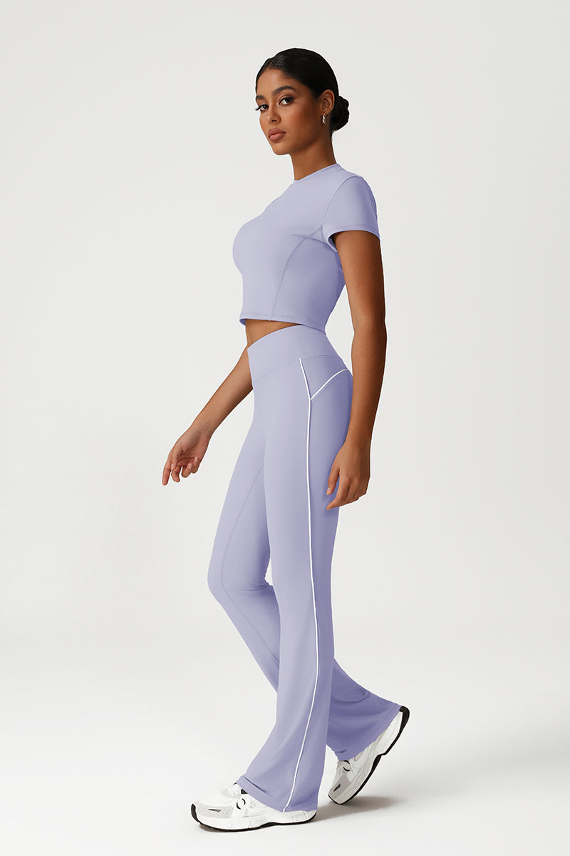 Women Seamless High Waisted Flared Yoga Set: Cropped T-Shirt + Flared Leggings