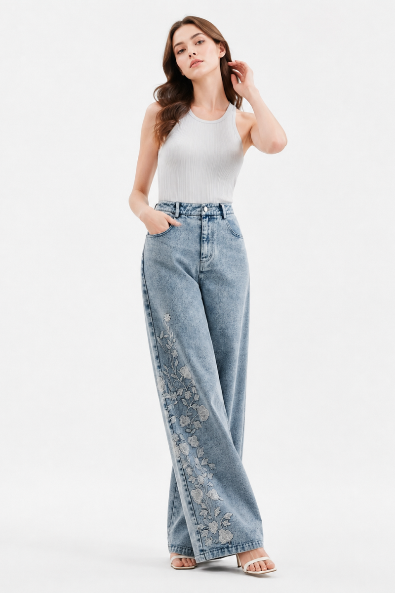 Women's High Waist Floral Embroidered Wide Leg Jeans