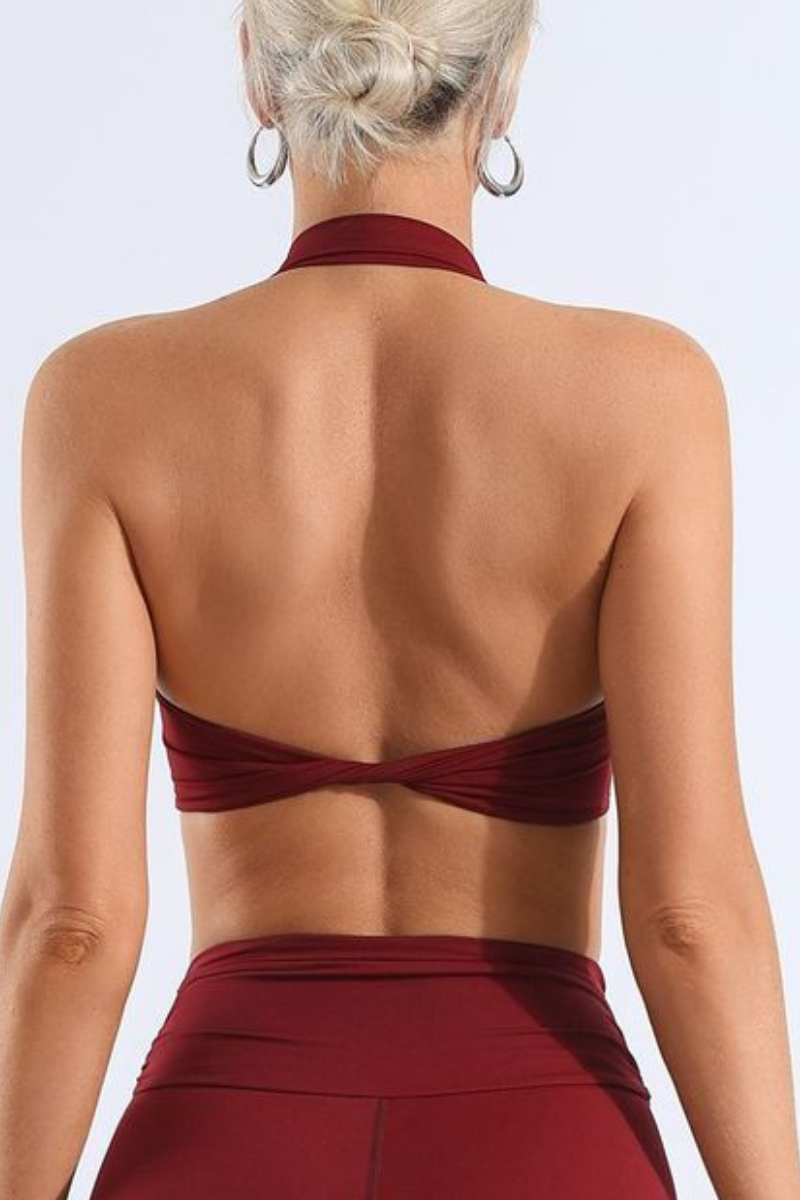Women's Solid Halter Neck Ruched Front Padded Sports Bra