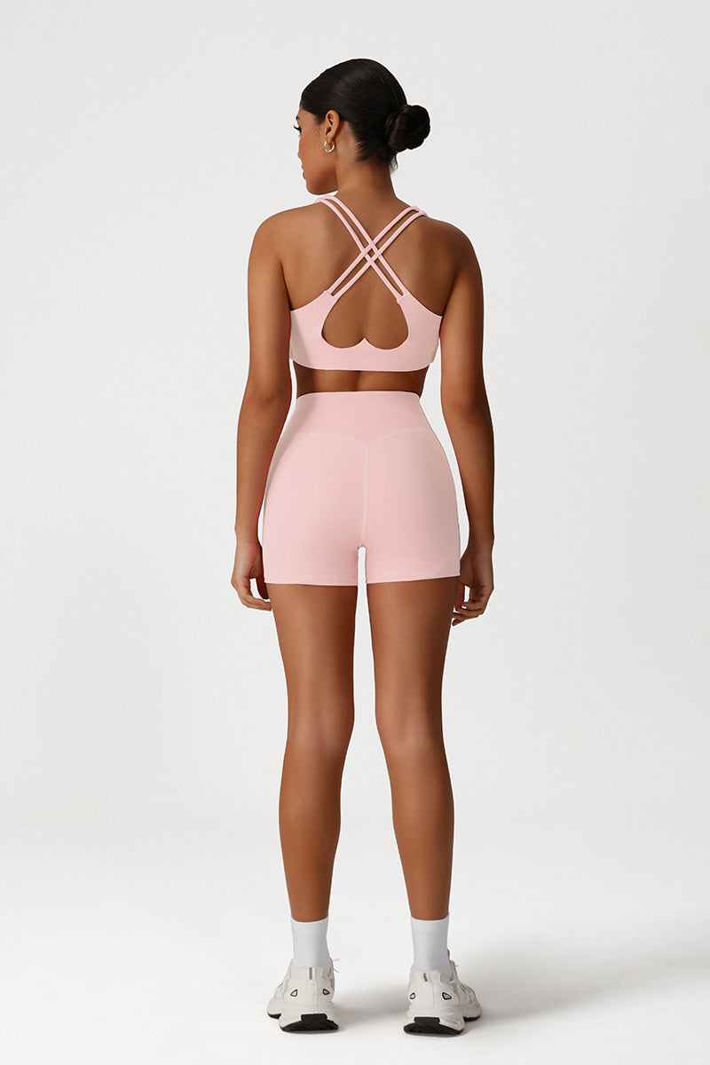 Women Cross Back Yoga Set: Removable Padding Sports Bra + High Waist Shorts