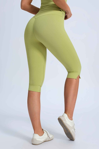 Women's High Waist Capri Leggings with Side Slit at Hem
