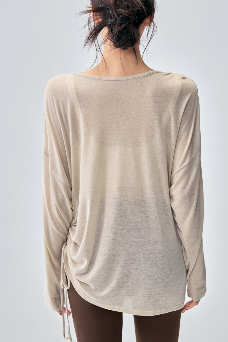 Women's Sheer Notched V-Neck Drawstring Yoga Long Sleeve Top