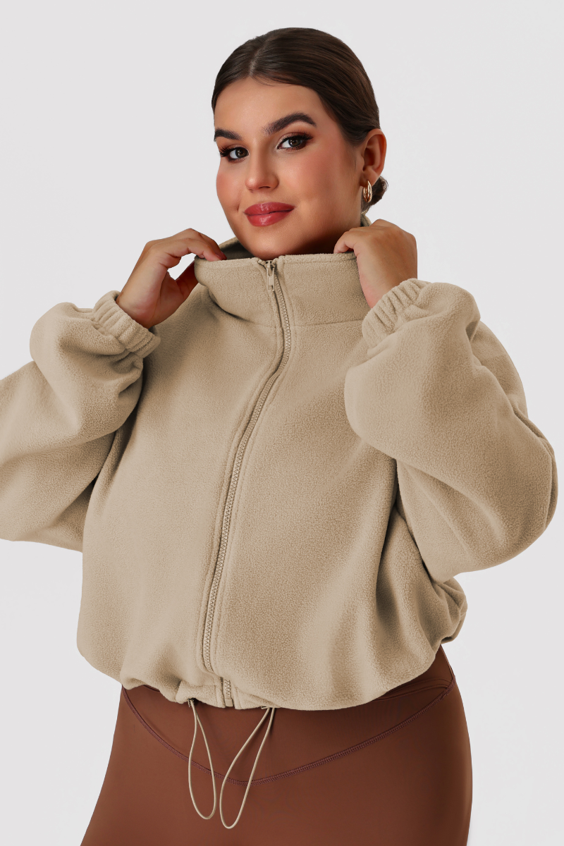 Plus Size Women's Double-Sided Fleece Cropped Drawstring Stand Collar Jacket
