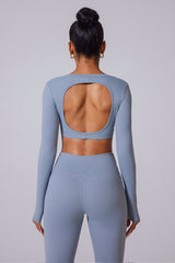 Women'S Brushed Skinny Deep V Backless Open Waist Short Sports Long Sleeves