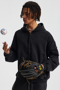 Rustic-style zipper-front pullover hoodie