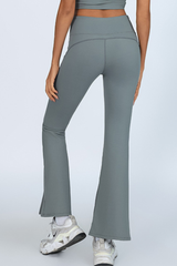 Women's Sports Buckle Waist Cutout Flare Pants with Slit