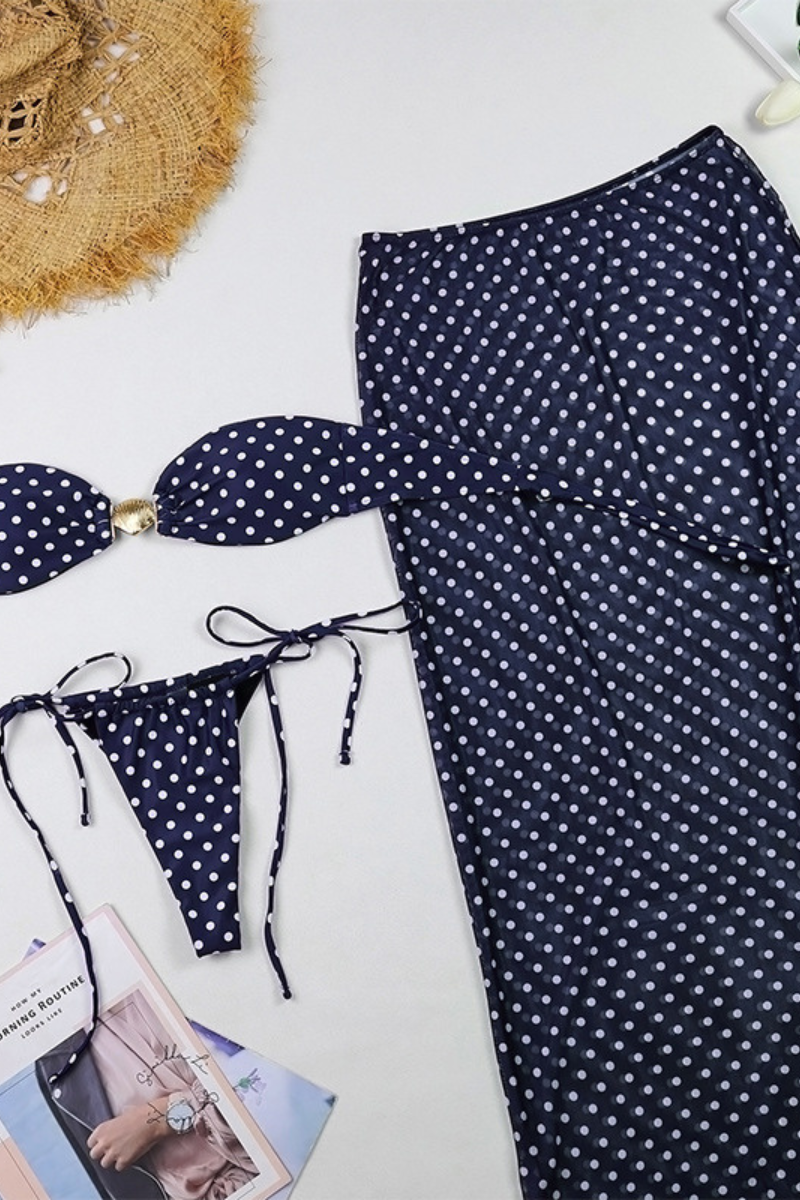 Women's Polka Dot Metal Buckle Side Tie Cover-up Bikini Set