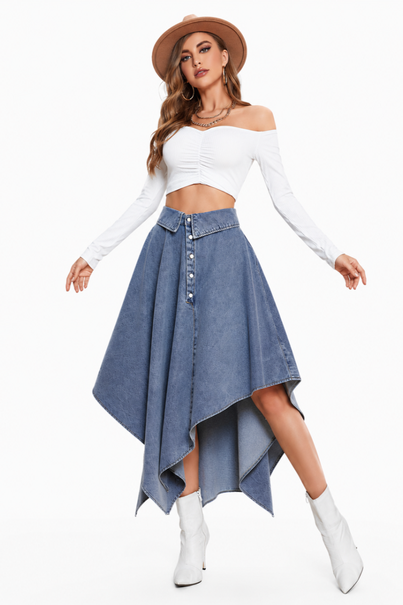 Women's High Waist Button Front Asymmetrical Denim Skirt
