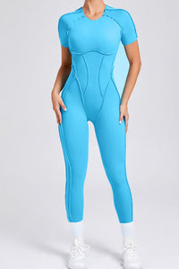Women Stereoscopic Backless Skinny Short Sleeve Long Pants One Piece Sports Yoga Bodysuit
