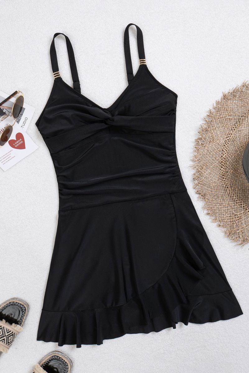 Women's Pleated V-Neck Ruffle Skirted Hem Vacation Swimsuit