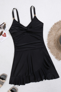 Women's Pleated V-Neck Ruffle Skirted Hem Vacation Swimsuit