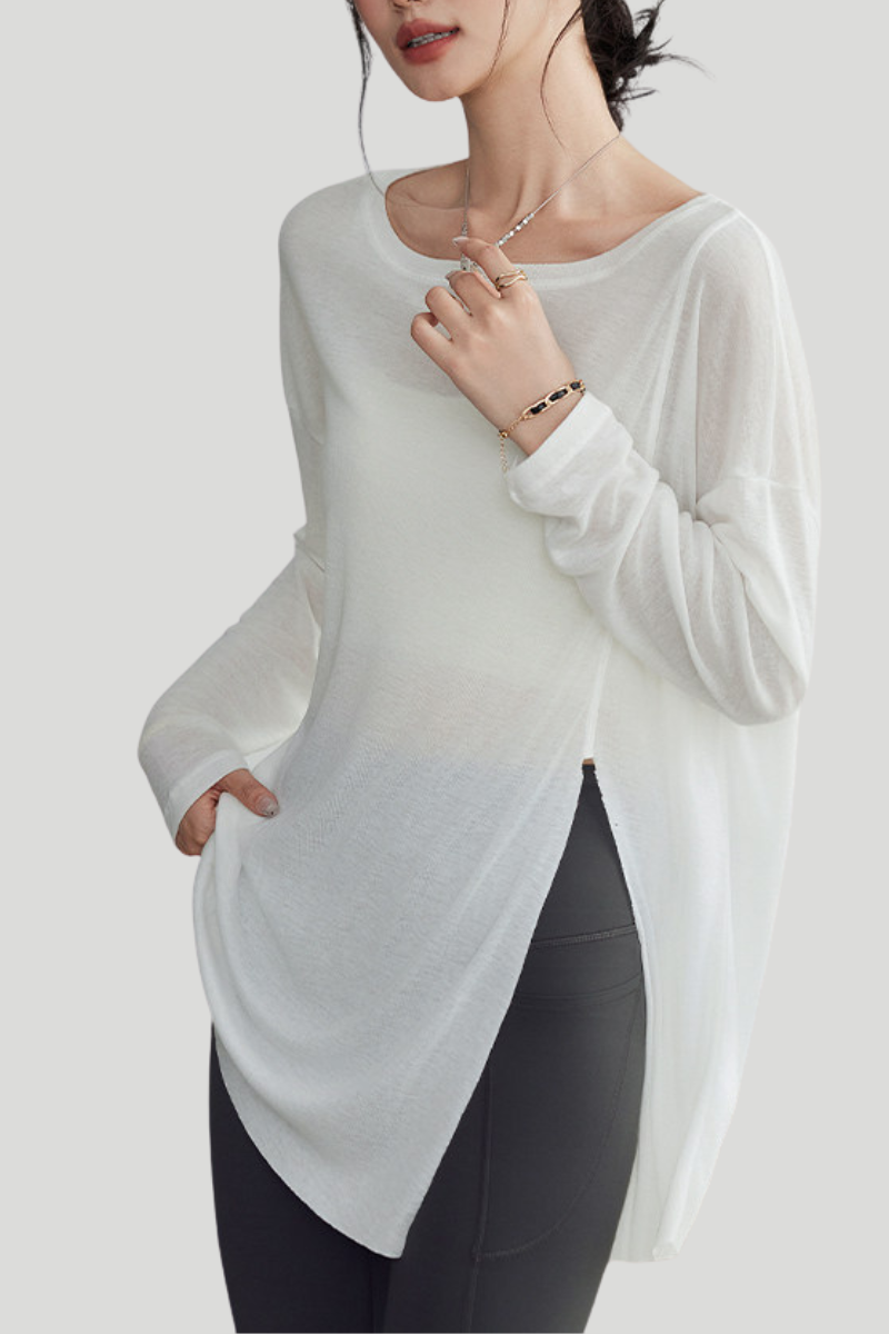 Women's Spring Summer Loose Fit Sheer Side Slit Long Sleeve Top