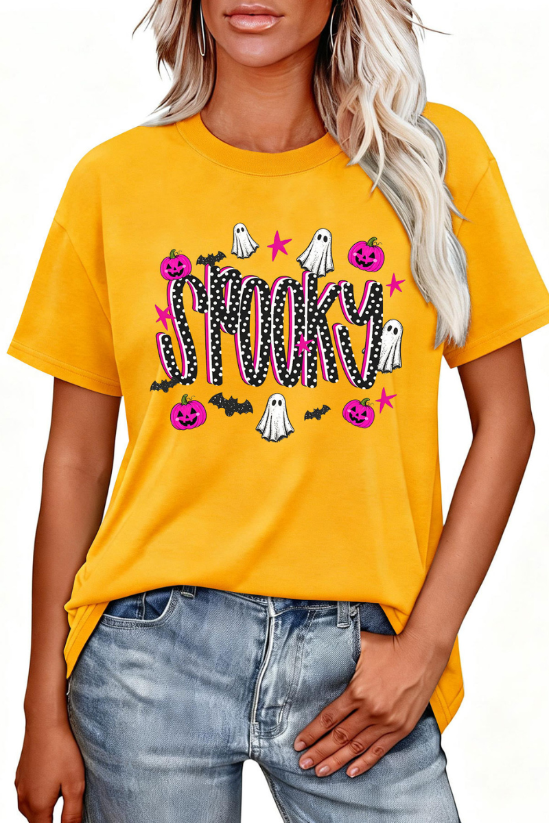 Women's Halloween Pumpkin Ghost Bat Print T‑shirt