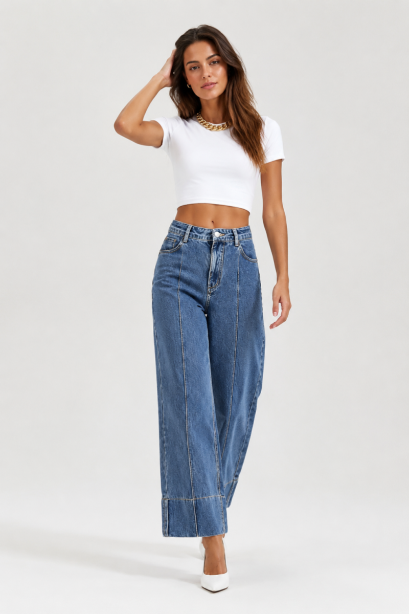 Women's High Waist Wide Leg Straight Stretch Jeans