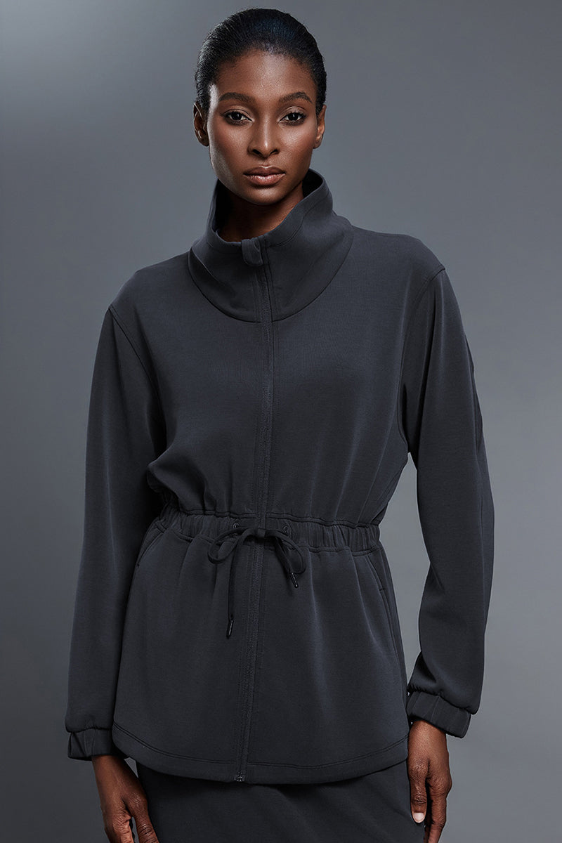 Women Stand-Collar Mid-Length Drawstring Waist Casual Commuting Jacket