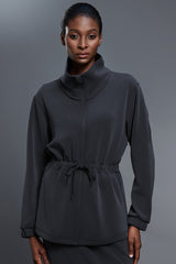 Women Stand-Collar Mid-Length Drawstring Waist Casual Commuting Jacket