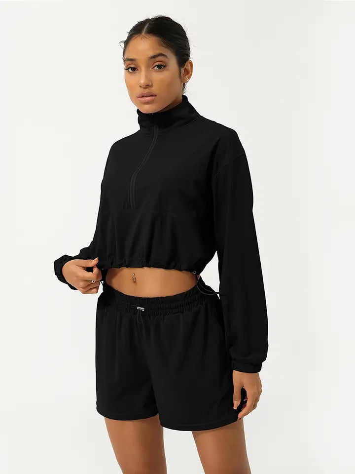 Half Zip Crpped Sports Jacket & Shorts 2 Piece Set