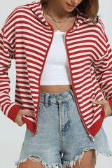 Women's Winter Striped Two-Way Zipper Hooded Knit Cardigan