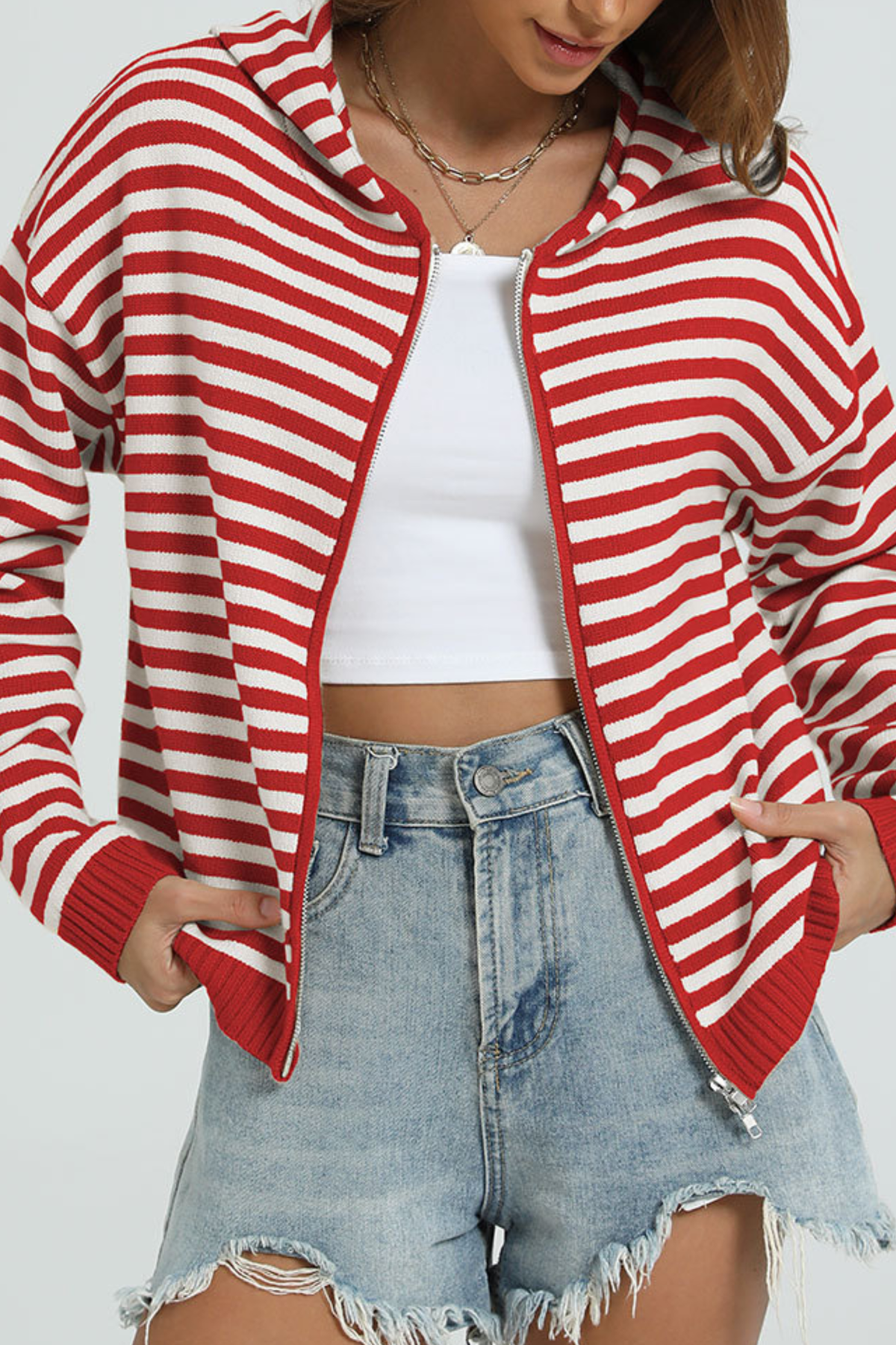 Women's Winter Striped Two-Way Zipper Hooded Knit Cardigan