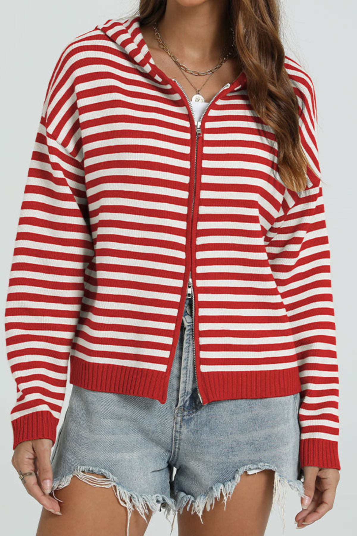 Women's Winter Striped Two-Way Zipper Hooded Knit Cardigan