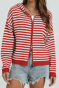 Women's Winter Striped Two-Way Zipper Hooded Knit Cardigan