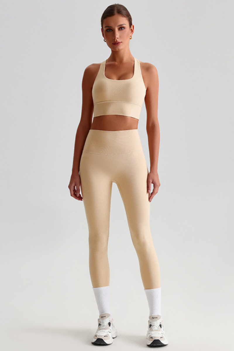 Women Naked Feel Cross Back Yoga Set: High Waisted Seamless Tummy Control Leggings + Crisscross Sports Bra